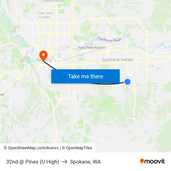 32nd @ Pines (U High) to Spokane, WA map