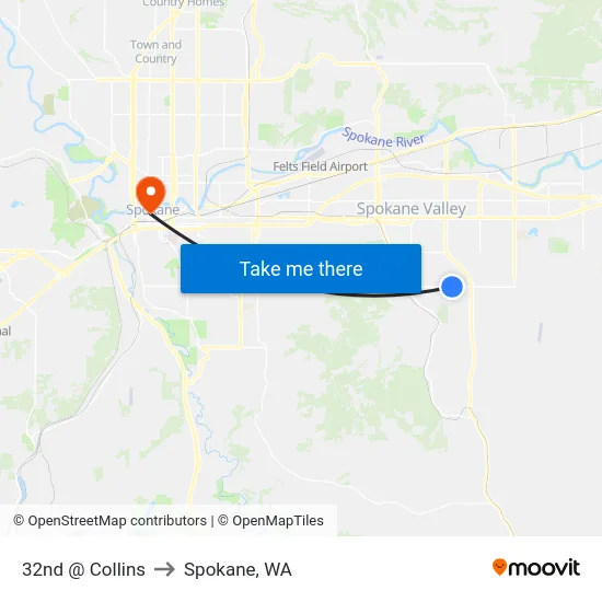 32nd @ Collins to Spokane, WA map