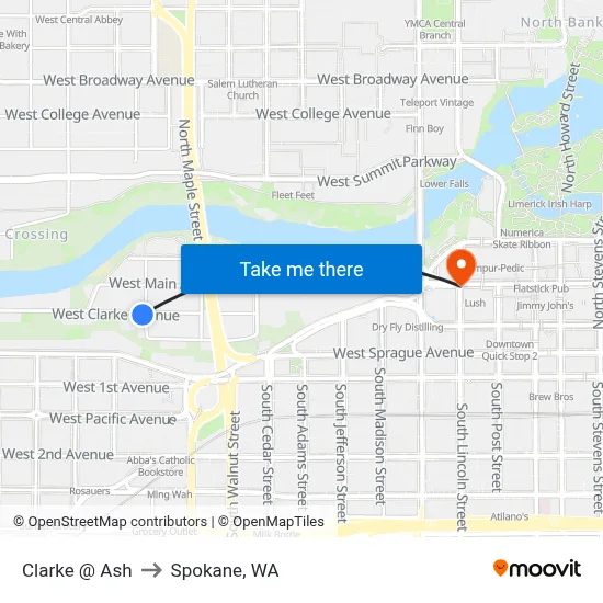 Clarke @ Ash to Spokane, WA map