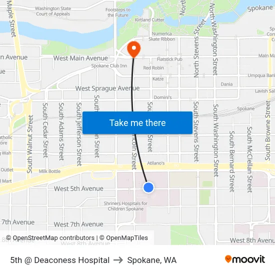 5th @ Deaconess Hospital to Spokane, WA map