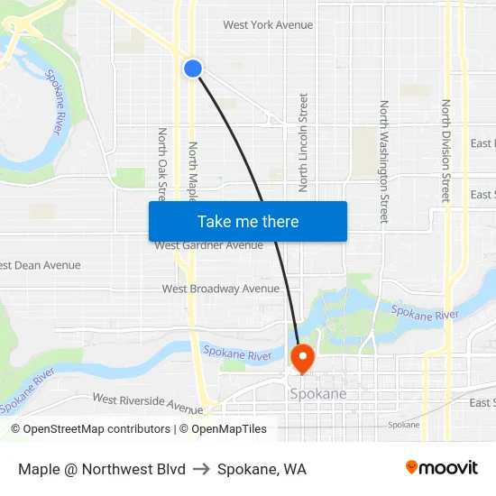 Maple @ Northwest Blvd to Spokane, WA map