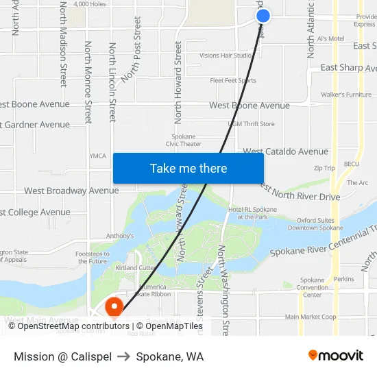 Mission @ Calispel to Spokane, WA map