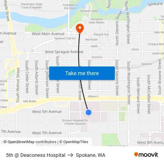 5th @ Deaconess Hospital to Spokane, WA map