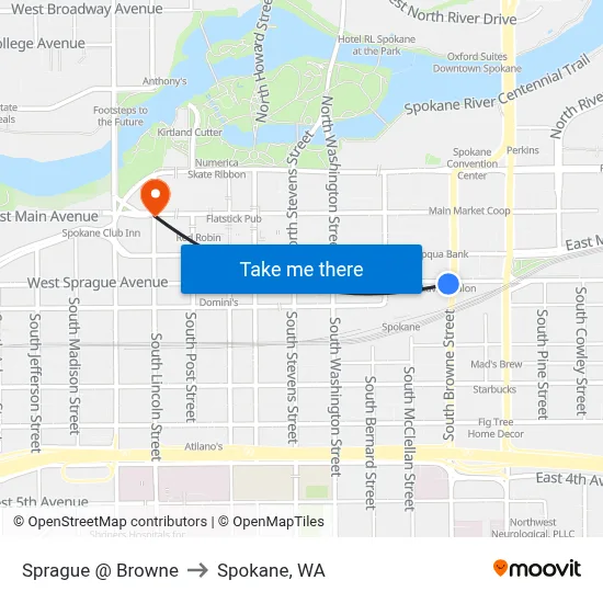 Sprague @ Browne to Spokane, WA map