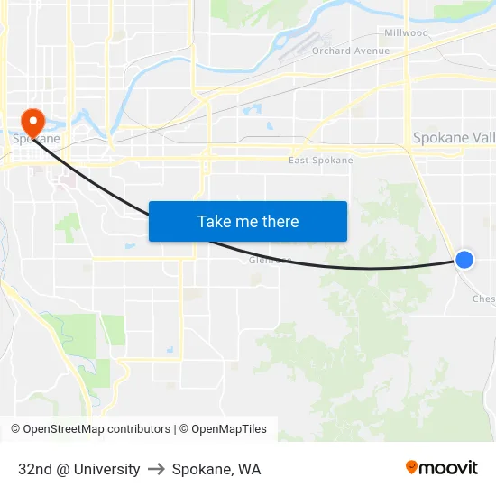 32nd @ University to Spokane, WA map