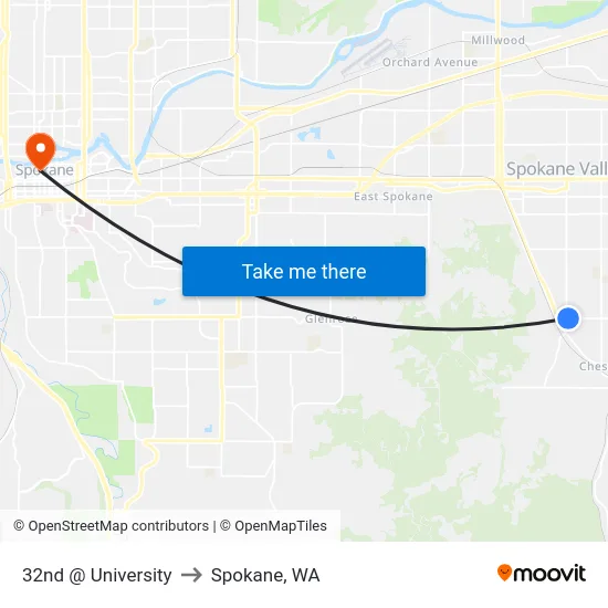 32nd @ University to Spokane, WA map
