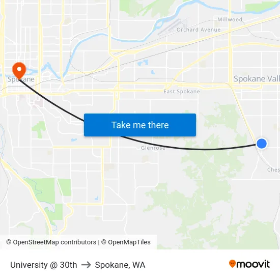 University @ 30th to Spokane, WA map
