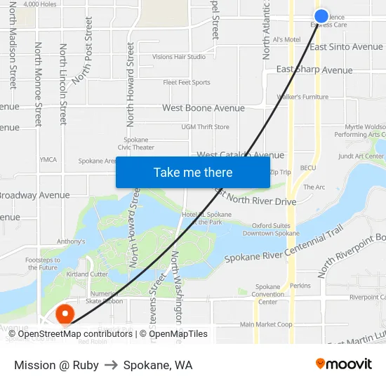 Mission @ Ruby to Spokane, WA map