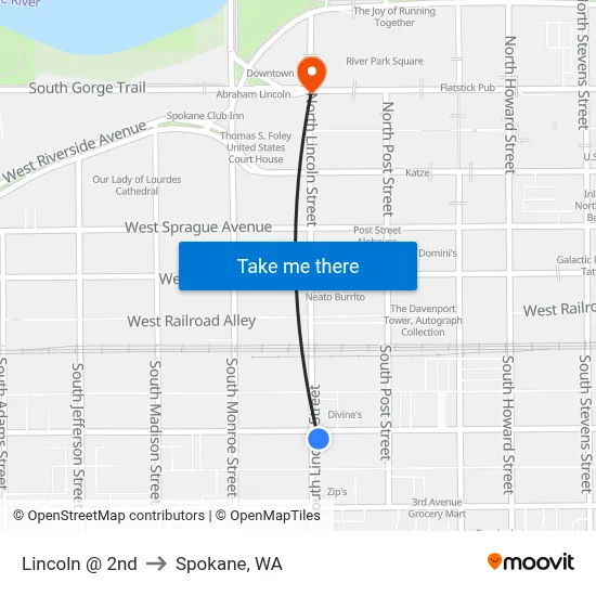 Lincoln @ 2nd to Spokane, WA map
