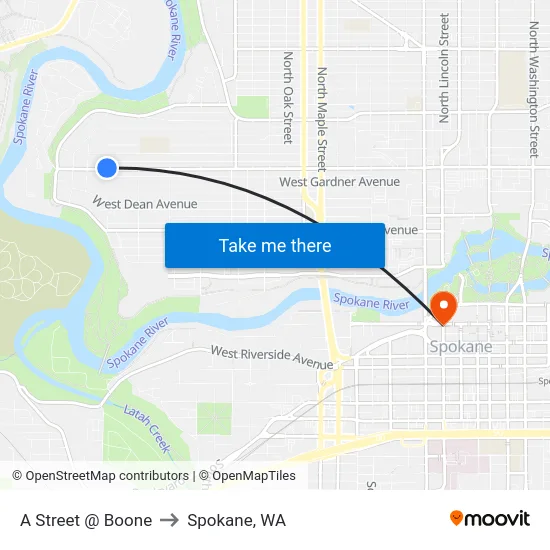 A Street @ Boone to Spokane, WA map