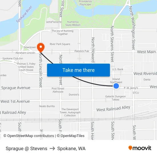 Sprague @ Stevens to Spokane, WA map