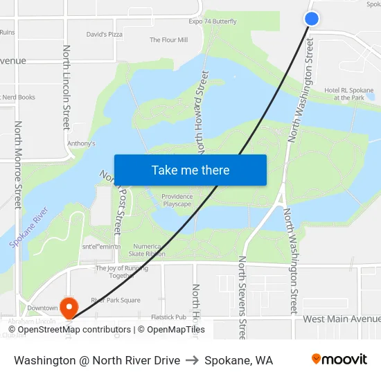 Washington @ North River Drive to Spokane, WA map