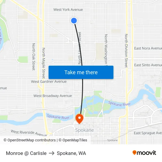 Monroe @ Carlisle to Spokane, WA map