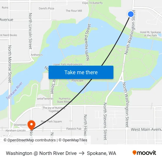 Washington @ North River Drive to Spokane, WA map