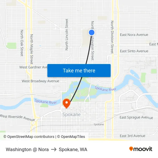Washington @ Nora to Spokane, WA map
