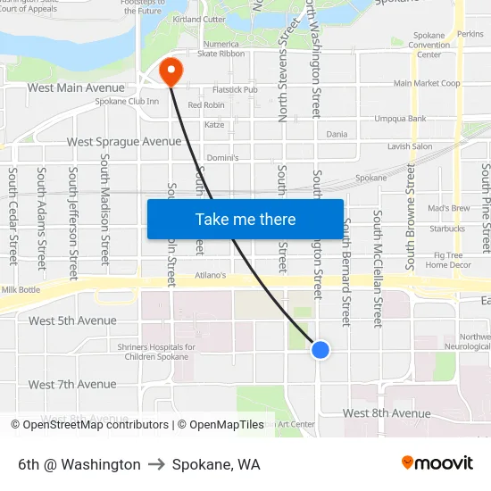 6th @ Washington to Spokane, WA map