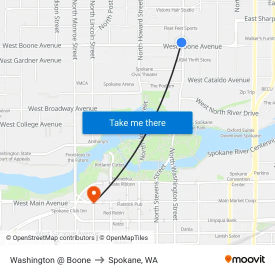 Washington @ Boone to Spokane, WA map