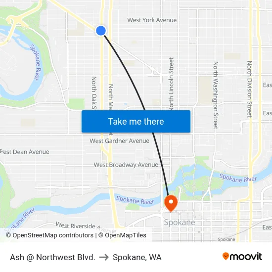 Ash @ Northwest Blvd. to Spokane, WA map