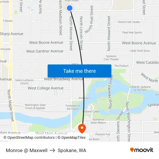 Monroe @ Maxwell to Spokane, WA map