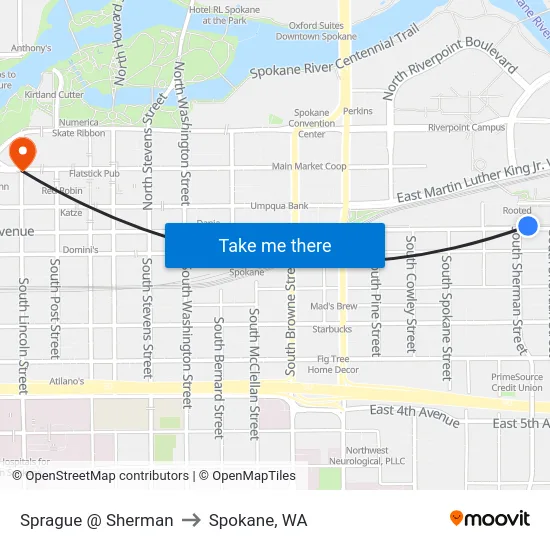 Sprague @ Sherman to Spokane, WA map