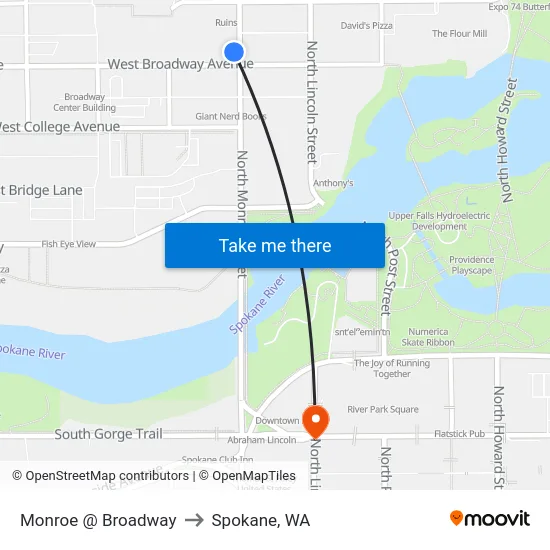 Monroe @ Broadway to Spokane, WA map