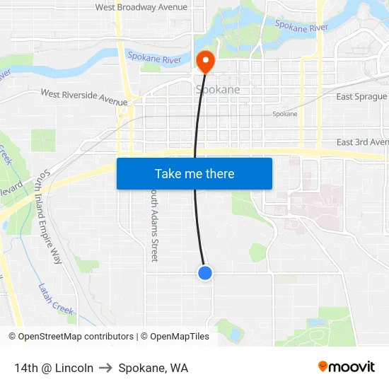 14th @ Lincoln to Spokane, WA map