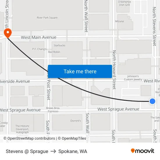 Stevens @ Sprague to Spokane, WA map