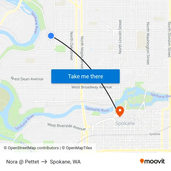 Nora @ Pettet to Spokane, WA map