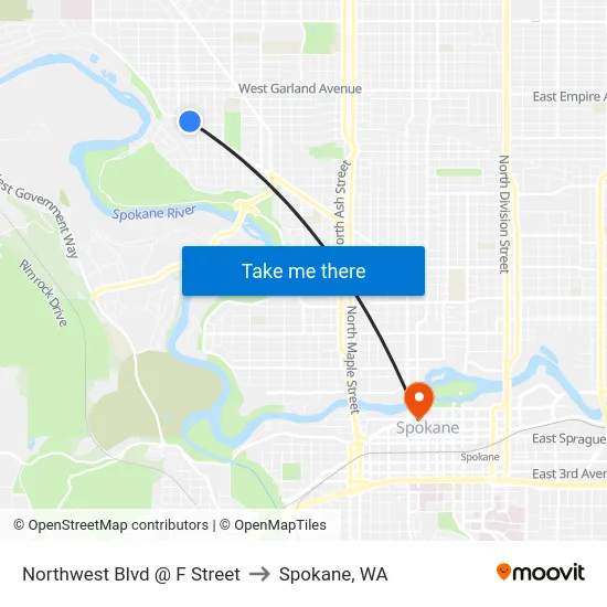 Northwest Blvd @ F Street to Spokane, WA map