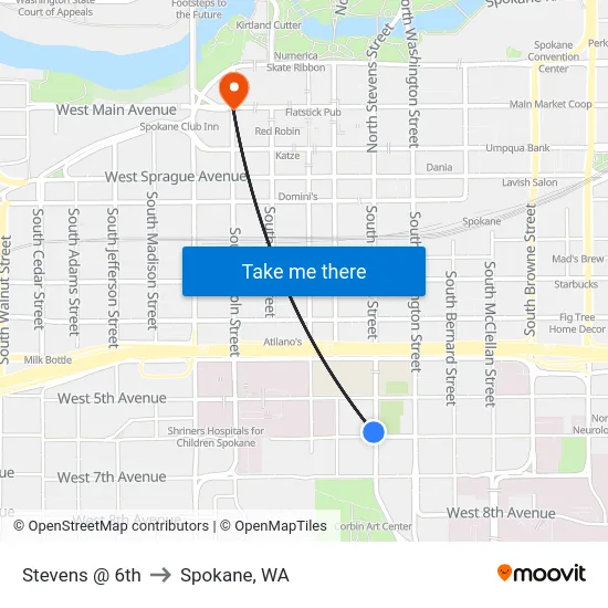 Stevens @ 6th to Spokane, WA map