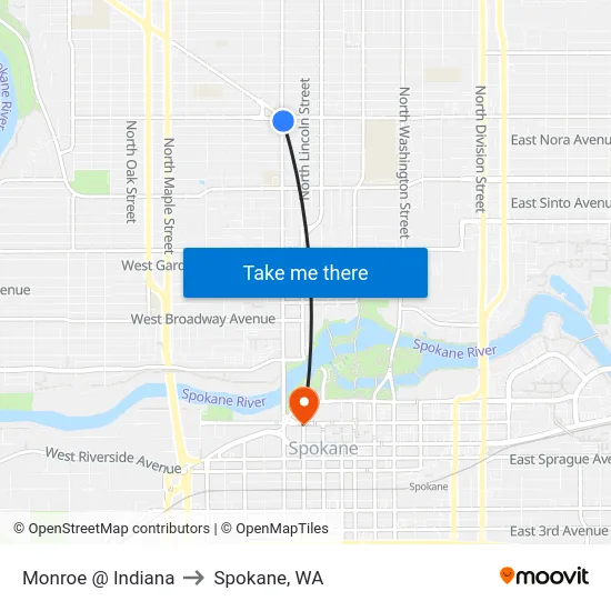 Monroe @ Indiana to Spokane, WA map