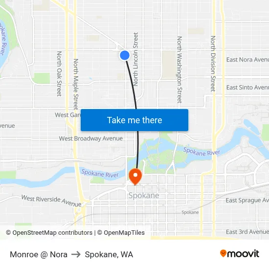 Monroe @ Nora to Spokane, WA map