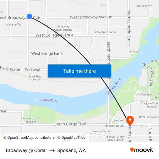 Broadway @ Cedar to Spokane, WA map