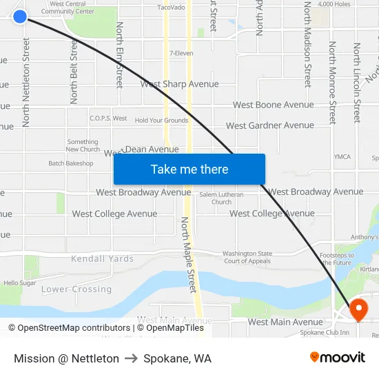 Mission @ Nettleton to Spokane, WA map