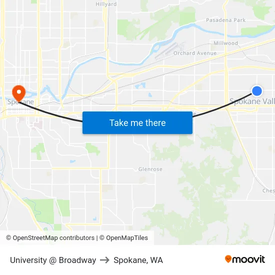 University @ Broadway to Spokane, WA map