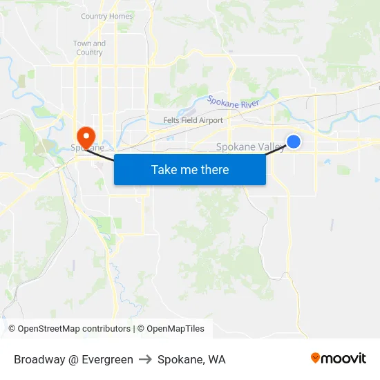 Broadway @ Evergreen to Spokane, WA map