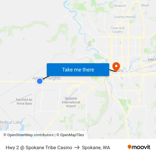 Hwy 2 @ Spokane Tribe Casino to Spokane, WA map