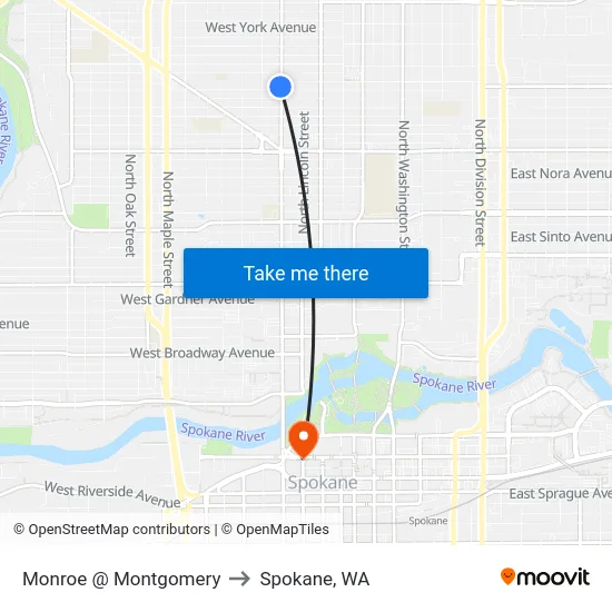 Monroe @ Montgomery to Spokane, WA map