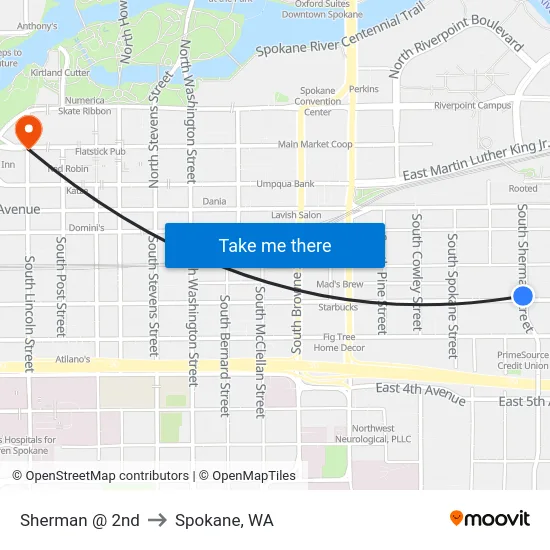 Sherman @ 2nd to Spokane, WA map