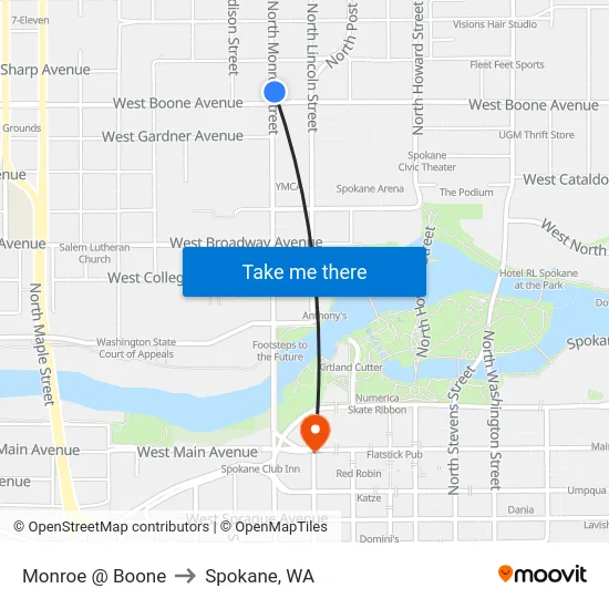 Monroe @ Boone to Spokane, WA map