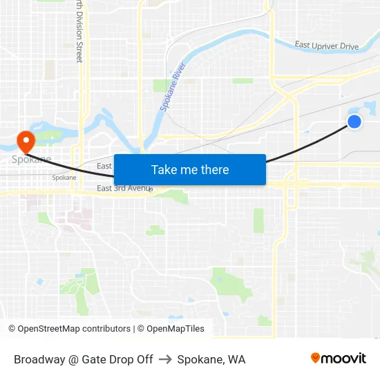 Broadway @ Gate Drop Off to Spokane, WA map