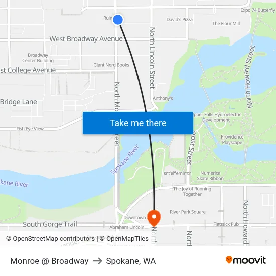 Monroe @ Broadway to Spokane, WA map