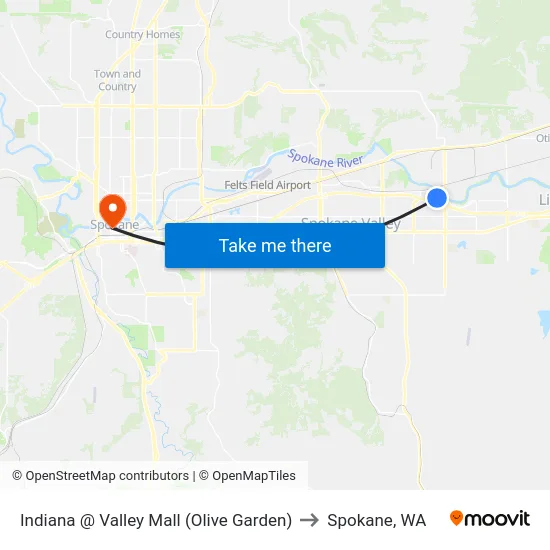 Indiana @ Valley Mall (Olive Garden) to Spokane, WA map