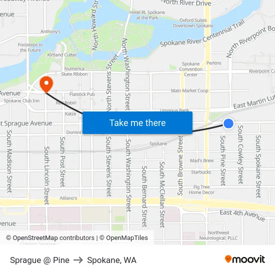 Sprague @ Pine to Spokane, WA map