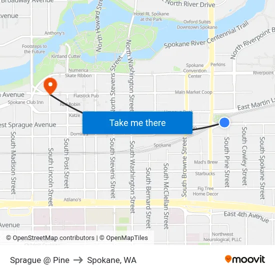 Sprague @ Pine to Spokane, WA map