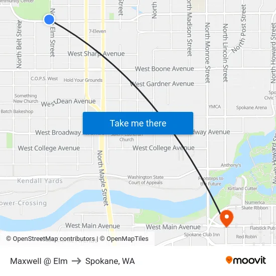 Maxwell @ Elm to Spokane, WA map