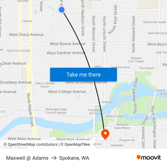 Maxwell @ Adams to Spokane, WA map