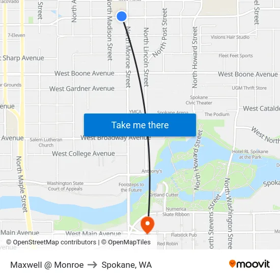 Maxwell @ Monroe to Spokane, WA map