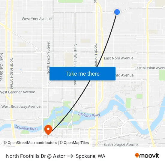 North Foothills Dr @ Astor to Spokane, WA map