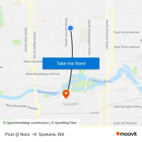 Post @ Nora to Spokane, WA map